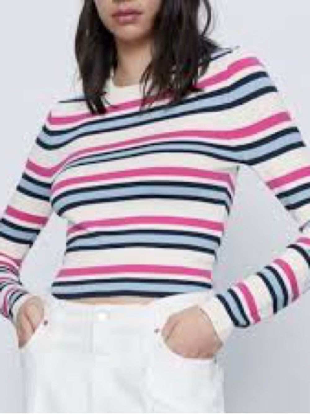 Zara Pink Navy Light Blue White Striped Long Sleeve Tee - Slim Fit